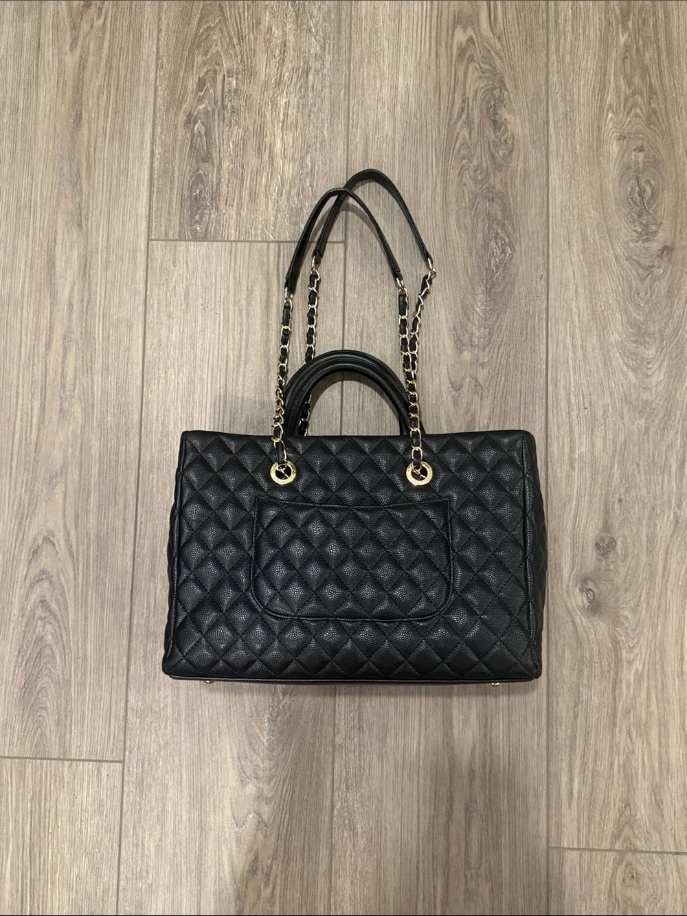 Mint Condition Quilted Black Genuine Leather Chain-Handle Tote Bag